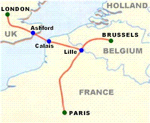 Eurostar map, EUROSTAR MAP London,  London St Pancras International, Ashford International, Paris Brussels